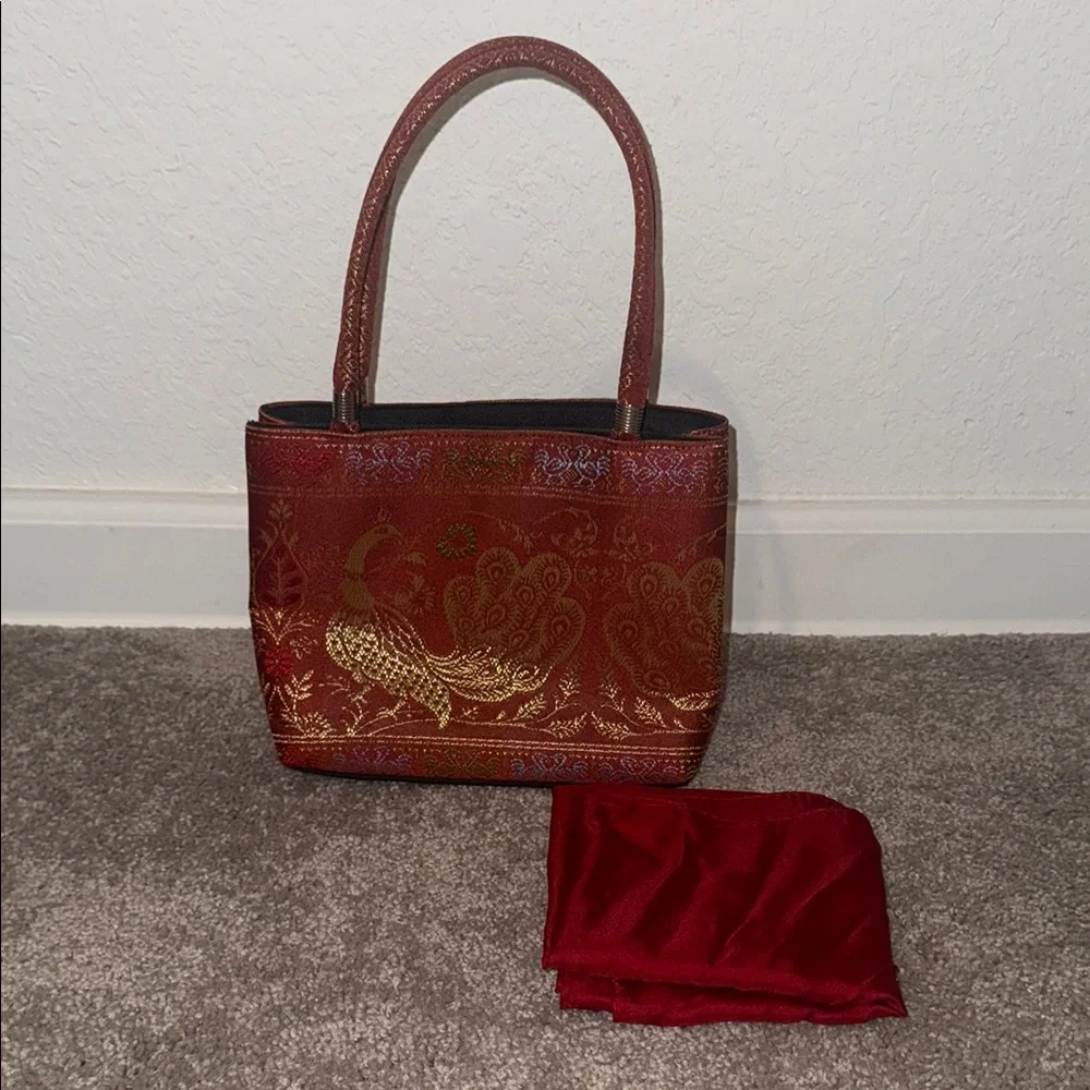 Elegant Red and Gold Peacock Bag + Scarf